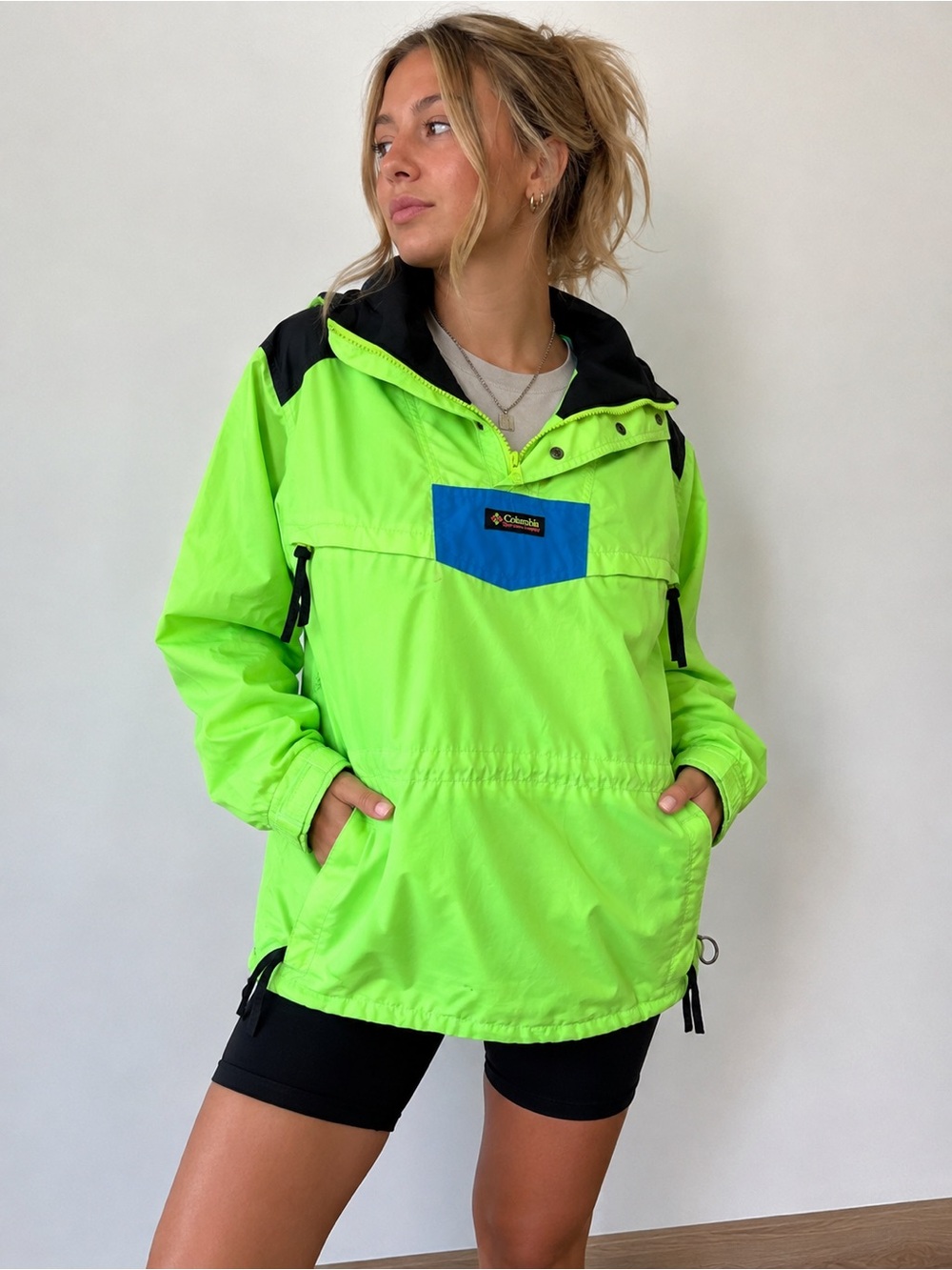 Vintage 90s Columbia Youth Neon Green Pullover Anorak Windbreaker Jacket
